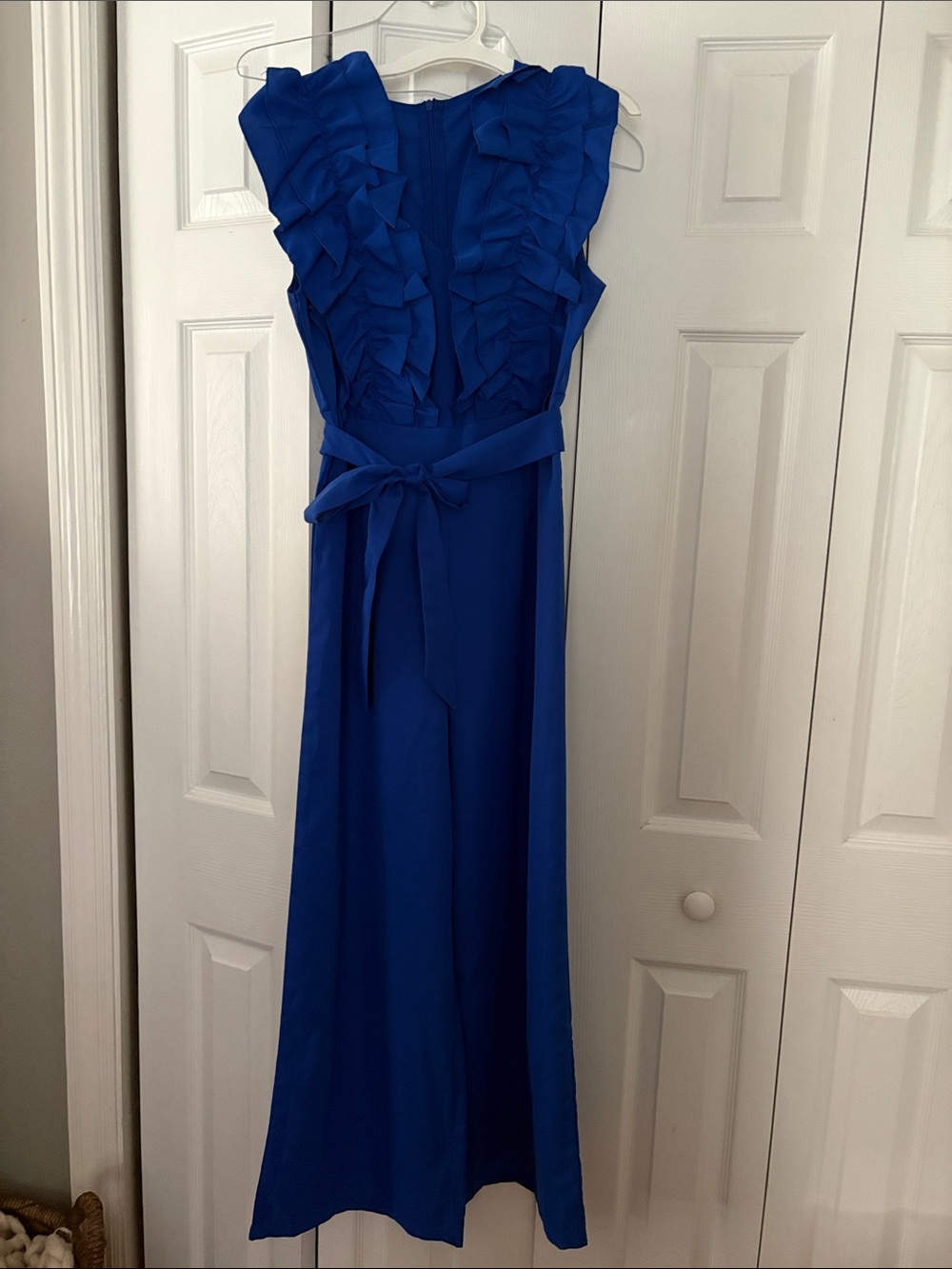 Sleeveless Ruffle-Front Royal Blue pant suit with Waist Tie